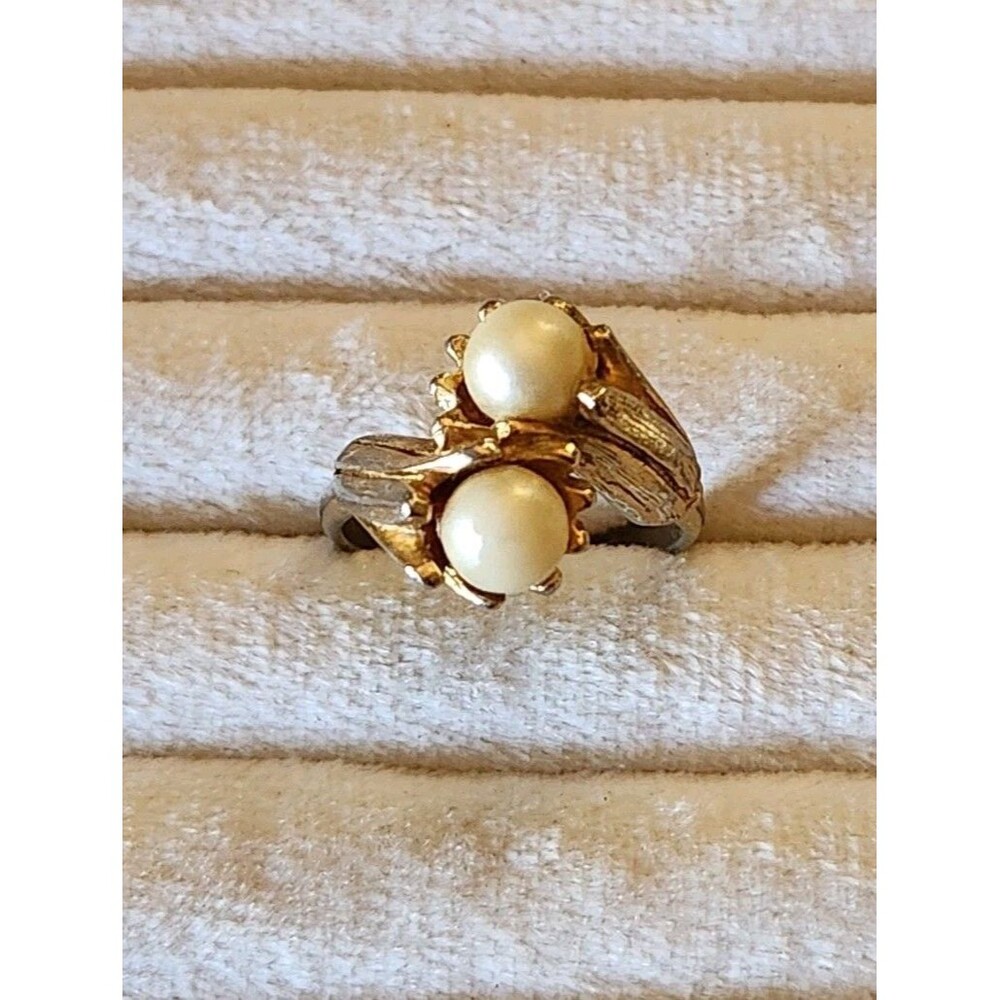 Vintage Gold Toned Faux Pearl Bypass Ring